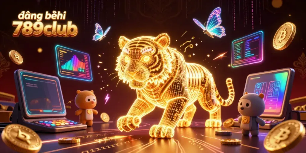 Engage with the vibrant world of đăng ký 789club, showcasing neon animations of a golden tiger amidst a digital casino landscape.