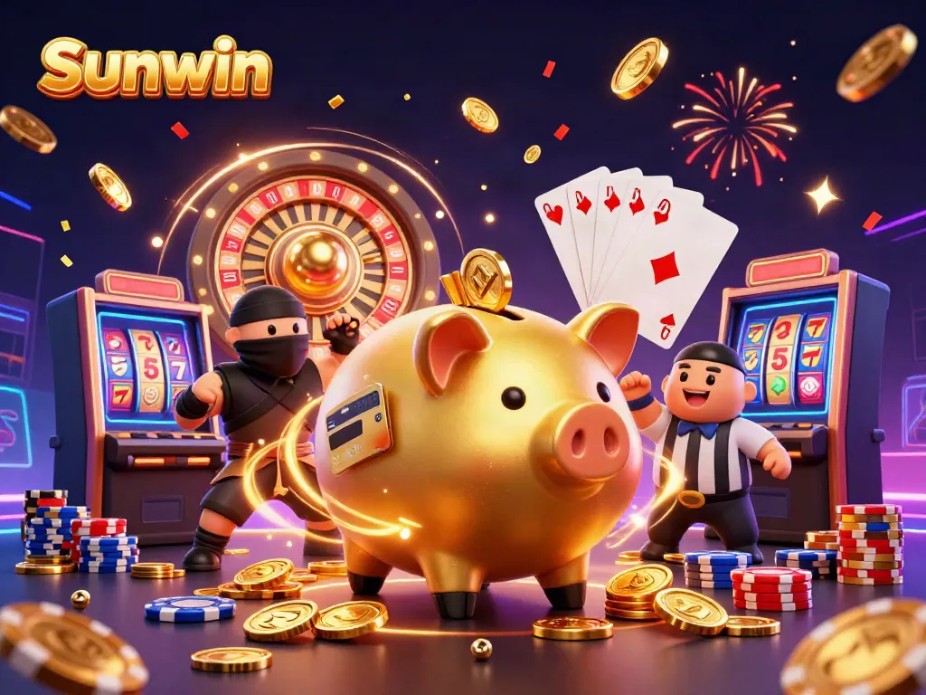Engaging Sunwin casino scene with a dynamic golden piggy bank sumo wrestler and vibrant casino elements.