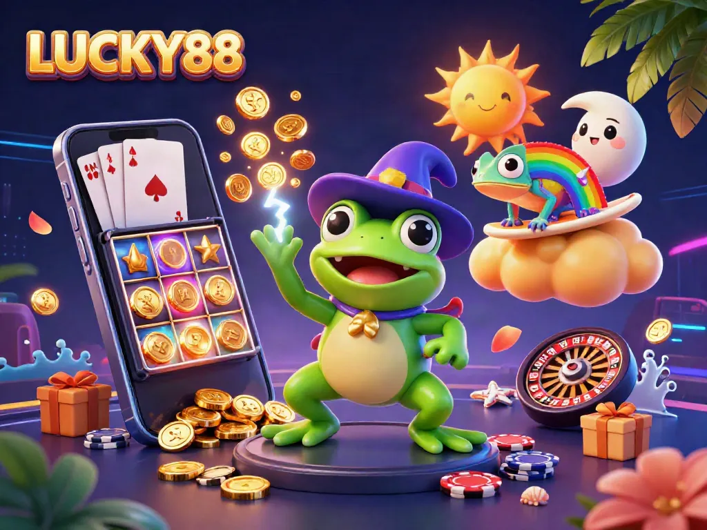 Experience incredible wins at LUCKY88 with a vibrant 3D scene of gaming excitement and fantasy.