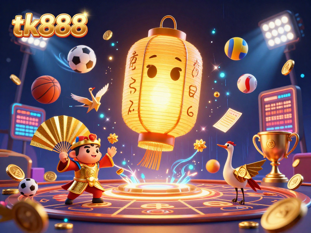 Engage with tk888's vibrant casino scene featuring golden lanterns and dynamic sports elements for exciting gameplay.