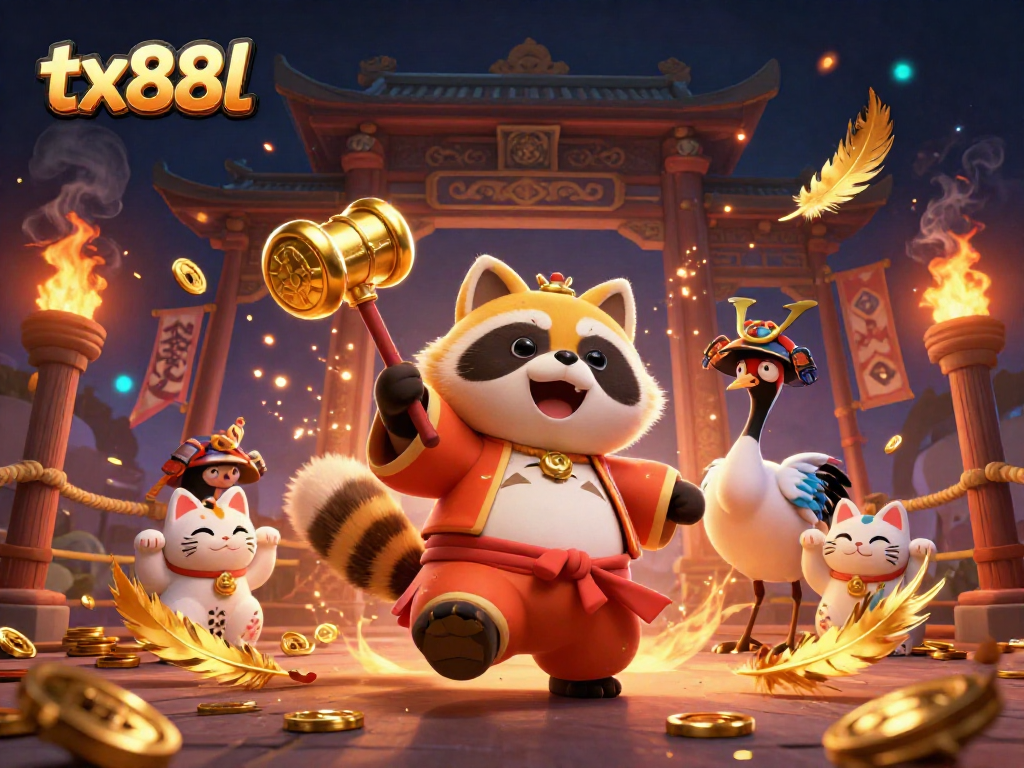 Experience winning chances at tx88l with colorful maneki-neko and festive tanuki in a dynamic casino scene.