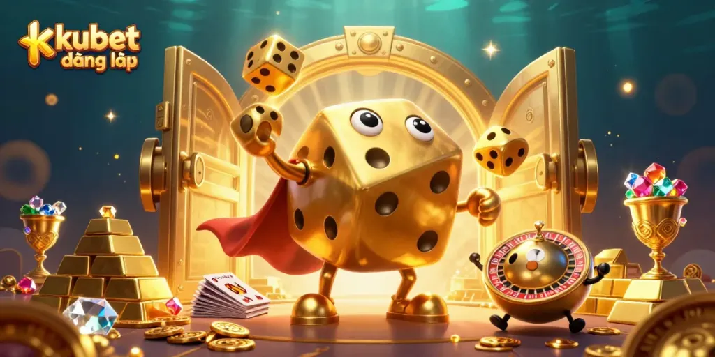 Join the excitement with kubet đăng nhập, as golden dice and treasure create a thrilling casino scene.