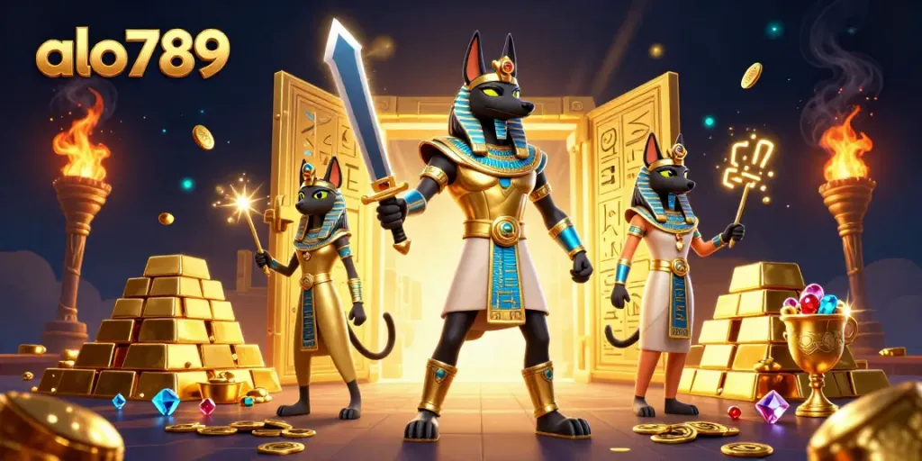 Alo789 casino scene showcasing Anubis and Bastet amidst treasure, evoking excitement in gaming.