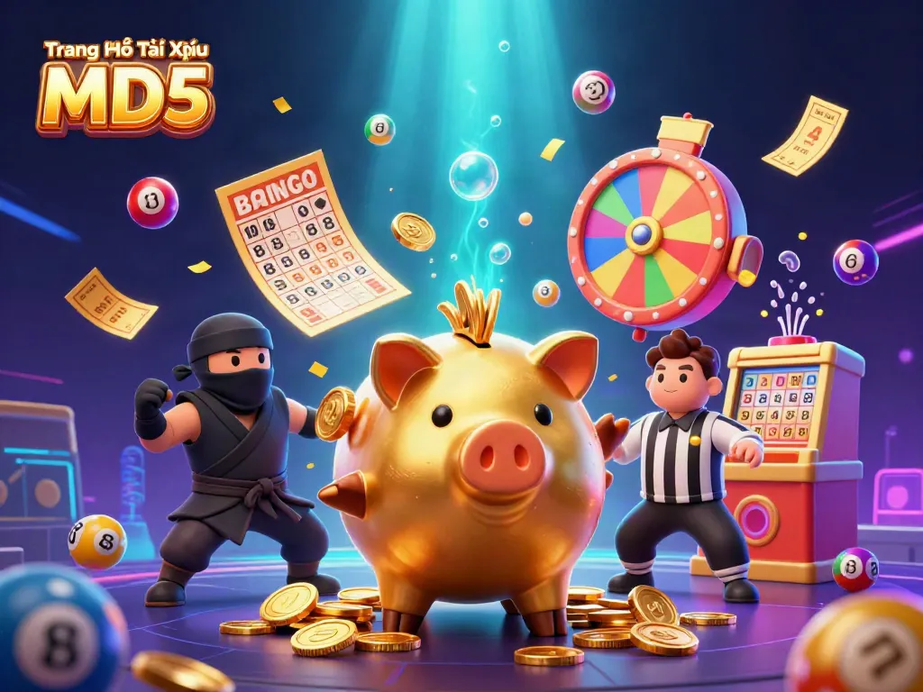 Engaging scene with Trang Chủ Tài Xỉu MD5 featuring a golden piggy bank sumo wrestler amidst colorful lottery balls and vibrant gambling elements.