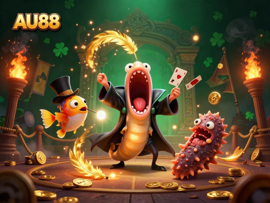 AU88 features a magical casino scene with animated underwater creatures performing a dazzling act.