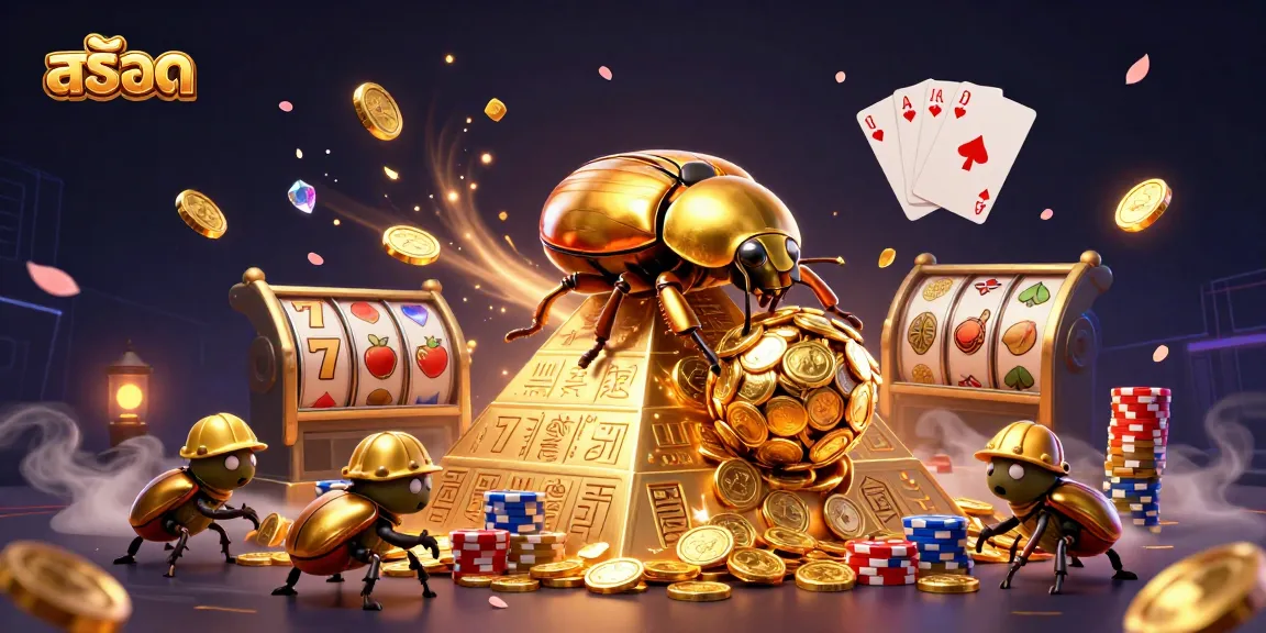 Engage in exciting สล็อต action with golden beetles and cascading coins in this vibrant casino illustration.