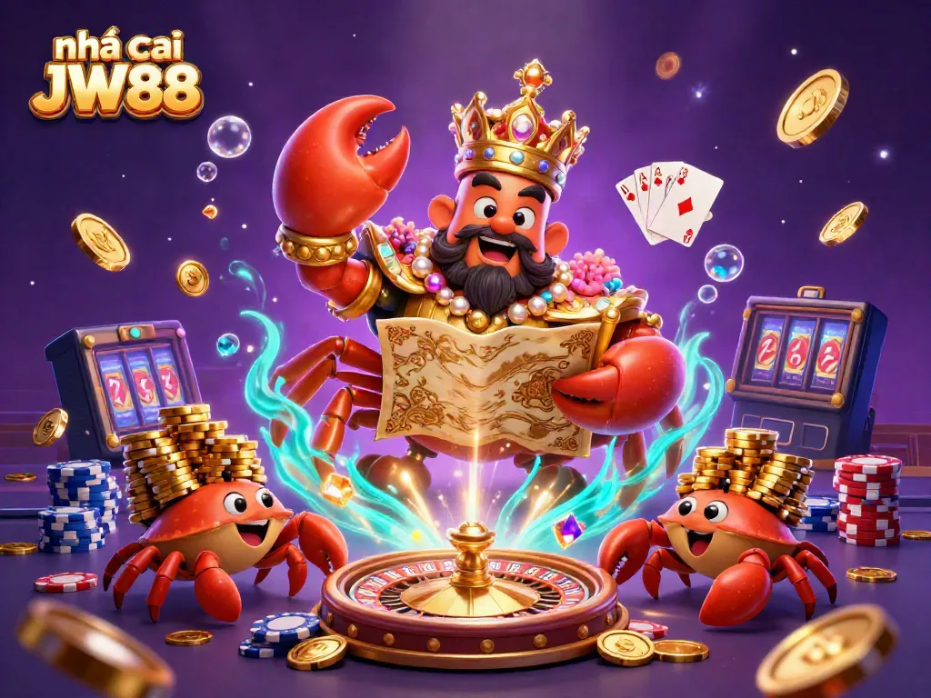 Engage with the entertaining world of nhà cái JW88 alongside a dynamic scene featuring a golden crab emperor and casino elements.