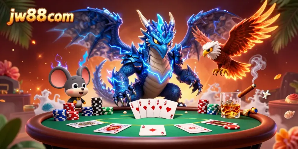 Experience the excitement of jw88 com with dynamic gaming characters and poker elements in a vibrant casino scene.