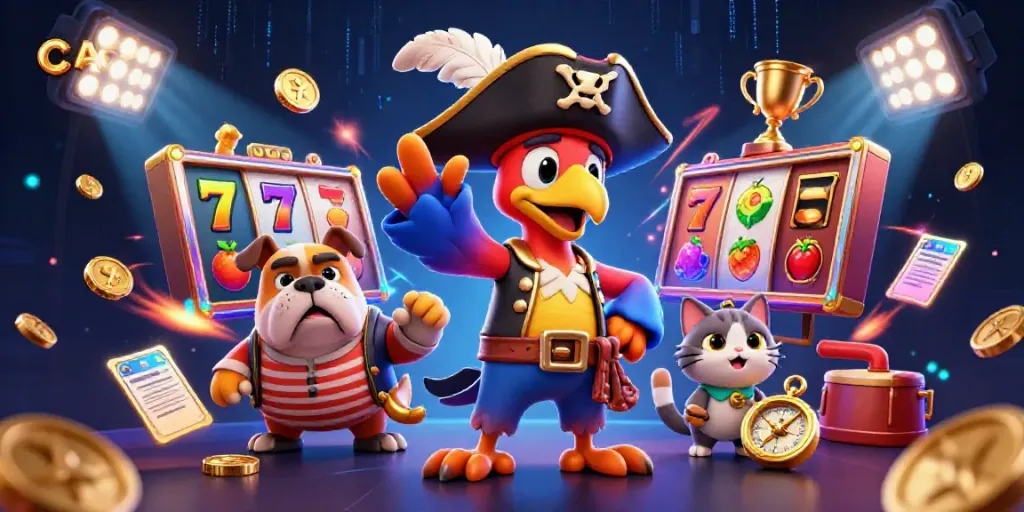 Casino scene showcasing vibrant characters and slot elements in an engaging 3D illustration.