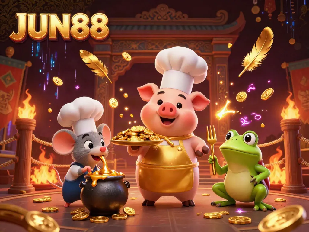 Experience the excitement of JUN88 with cartoon characters in a casino atmosphere, enjoying extravagant gold coin dishes.