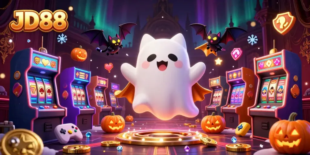Experience the thrilling JD88 casino adventure with ghost cat and glowing pumpkins in a haunted mansion.