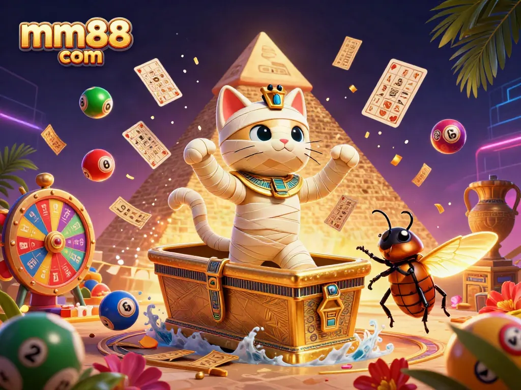 Experience mm88 com's vibrant casino scene with a mummy cat and lottery elements for ultimate fun.