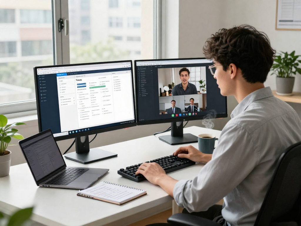 Professional using ToDesk in a stylish remote workspace for effective collaboration.