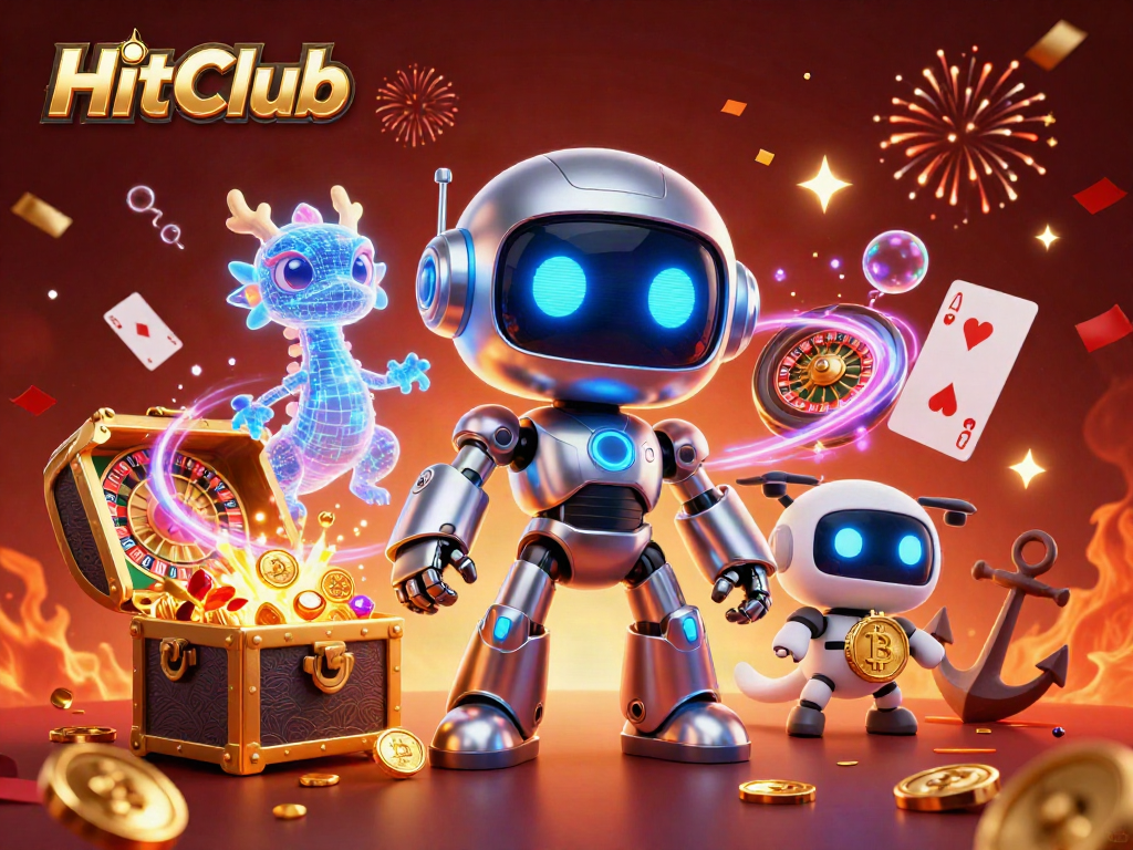 Engage in gaming at HitClub with a vibrant 3D scene of cyberpunk gambling elements.