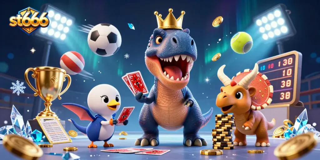 Experience the excitement of st666 with a dynamic 3D casino scene featuring fun dinosaur characters.