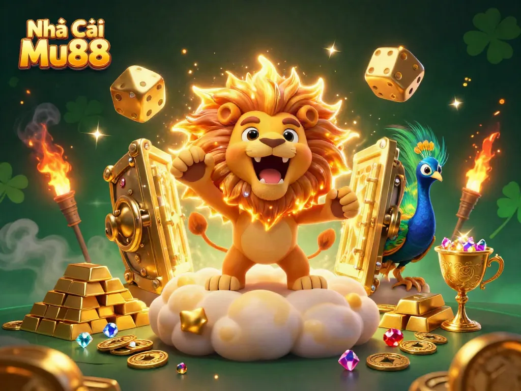 Engage with thrilling gaming action at Nhà Cái Mu88 showcasing golden treasures and vibrant illustrations.