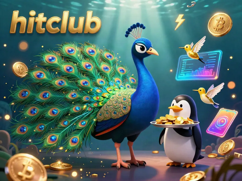 Engage with hitclub's casino experience through vibrant 3D illustration featuring a peacock, penguin, and hummingbird amidst immersive casino themes.