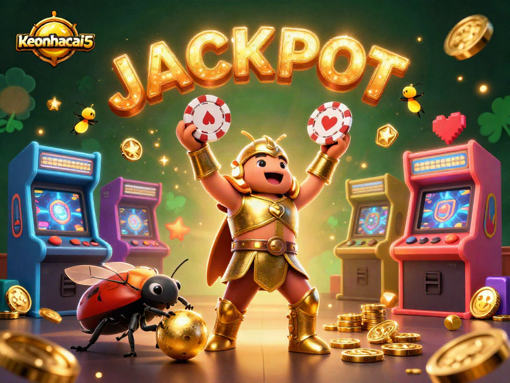 Engage with keonhacai5's jackpot excitement featuring 3D cartoon characters celebrating with casino elements.