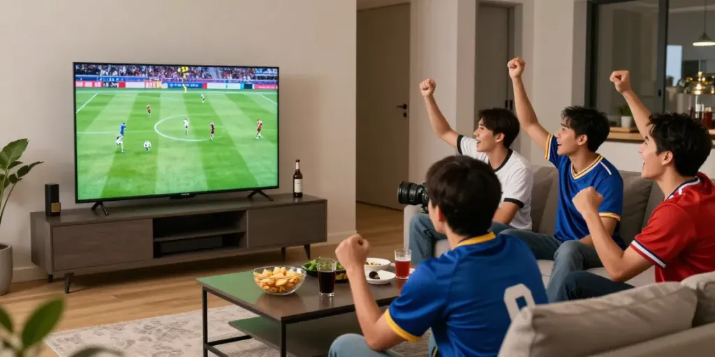 Friends enjoying Thapcamtv football match in a lively living room