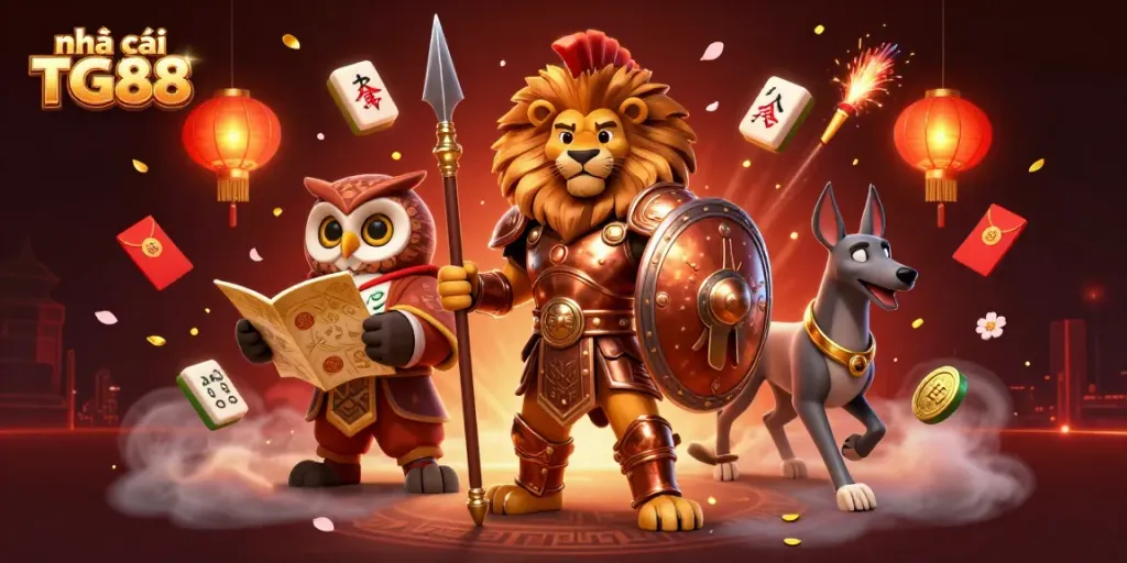 Engage with the thrilling world of nhà cái TG88 as a Spartan lion leads the way amid vibrant casino elements.