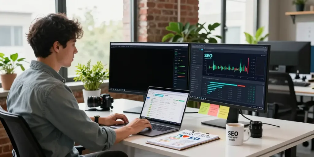 SEO specialist analyzing data metrics for instant indexing in a modern tech workspace.