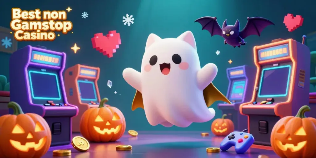 Engage in fun at the Best non Gamstop Casino with a ghost cat and vibrant game elements.