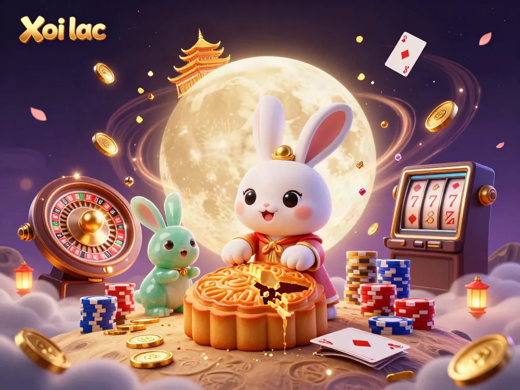 Xoi lac features a charming moon rabbit surrounded by vibrant casino elements, captivating for gamblers.
