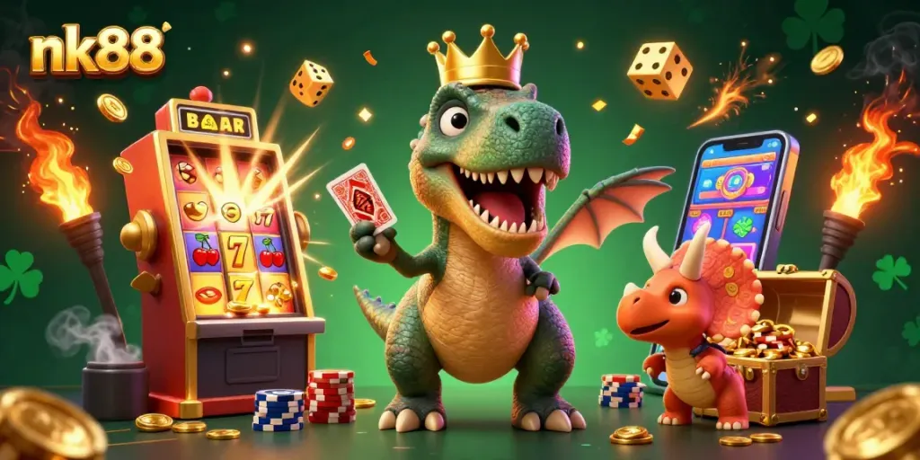 nk88 engages users with vibrant casino-themed illustration featuring dynamic gaming action and colorful symbols.
