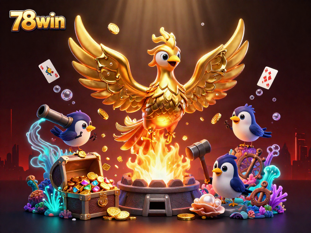 Experience the thrill of 78win with a golden phoenix rising amid treasures and games.