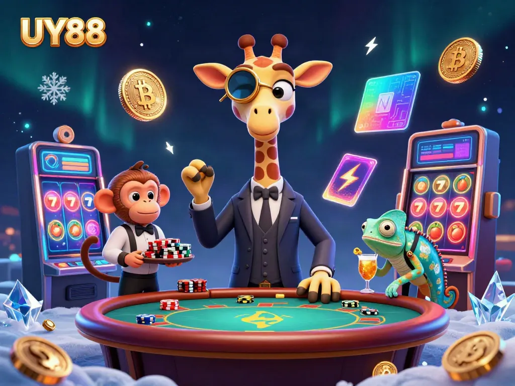 Play at UY88 Casino with an extravagant giraffe, monkey valet, and a chameleon bartender amidst vibrant slot reels.