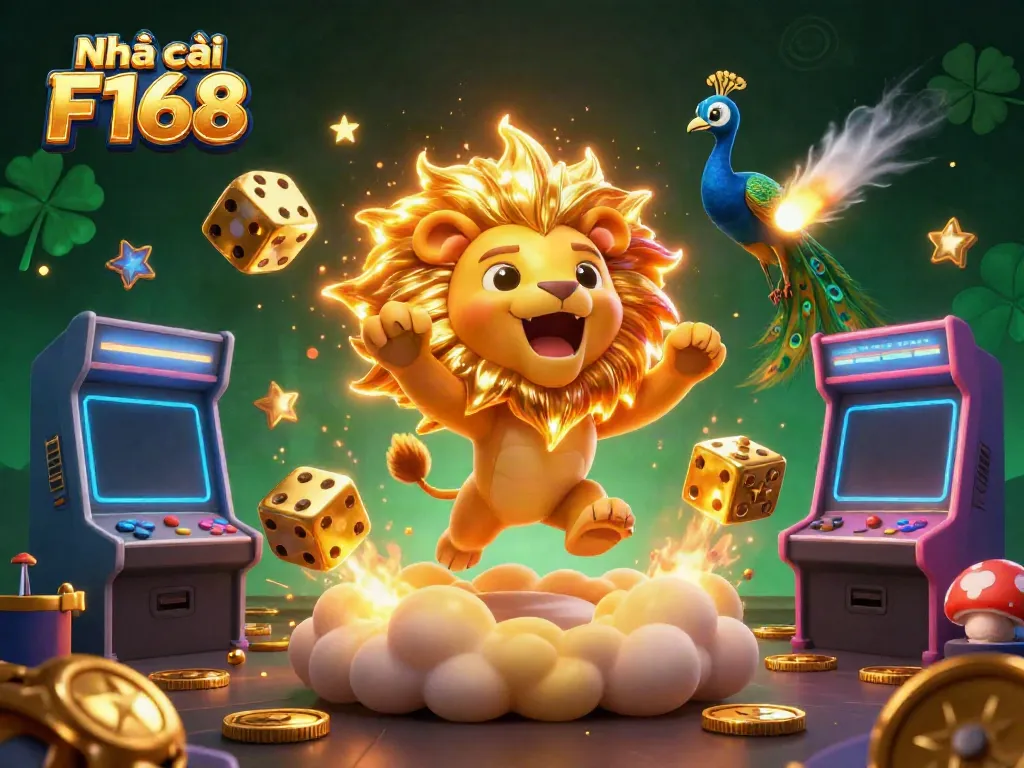 Experience vibrant entertainment with Nhà cái F168, featuring games, coins, and dynamic characters in action.