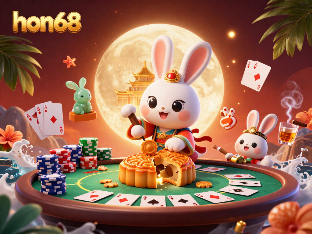 Experience the excitement of hon68 with playful moon rabbits revealing poker chips on a vibrant lunar setting.