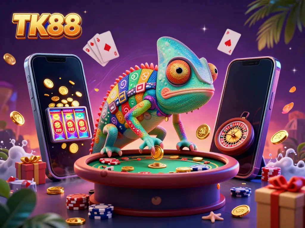 TK88 engages players with vibrant casino elements and a playful chameleon owner.