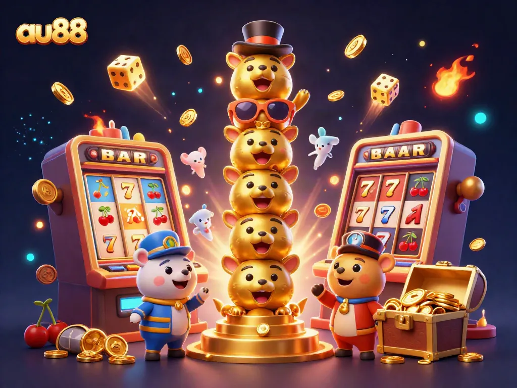 Experience the lively atmosphere of au88 with dynamic gaming elements and a golden totem celebrating casino excitement.