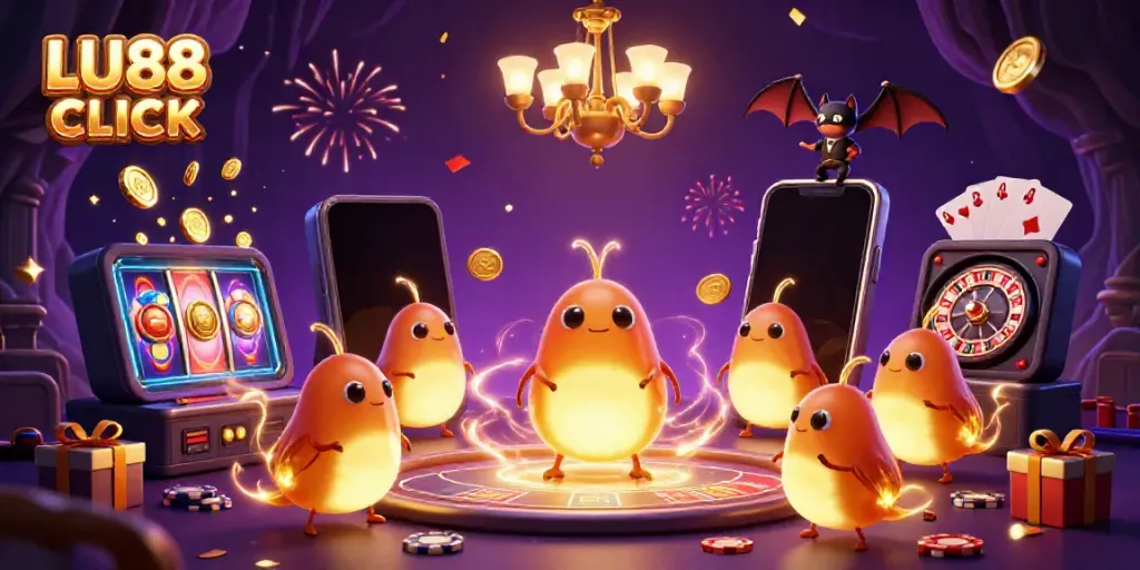 LU88 CLICK illuminates an enchanting casino with glowworms and vibrant game elements, sparking joy.