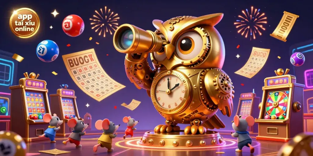 Experience app tài xỉu online with a vibrant casino scene featuring a golden owl and lively game elements.