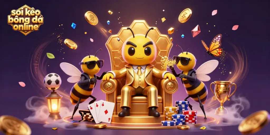 Engage in soi kèo bóng đá online with a dynamic scene featuring a bumblebee mob boss and sports betting elements.