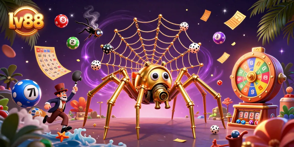Experience thrilling gameplay with the unique lv88 casino scene showcasing a steampunk spider and vibrant lottery elements.