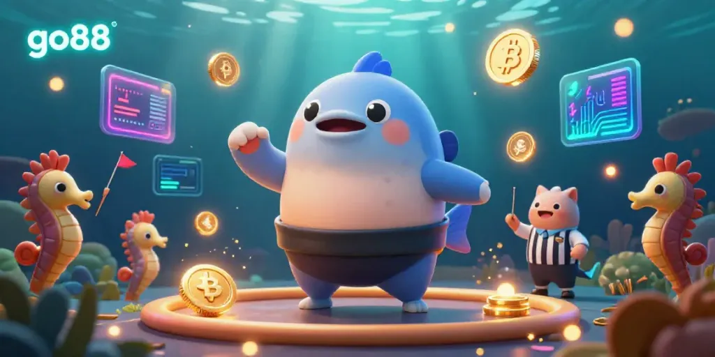 Engage with go88's exciting underwater casino scene featuring vibrant 3D characters, crypto elements, and captivating visuals.