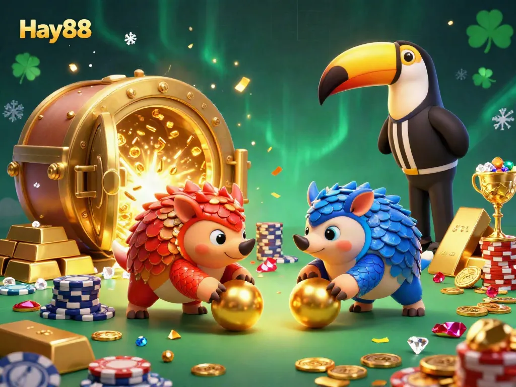 Experience thrilling gambling action with Hay88's dynamic pangolin showdown amidst gold and treasures.