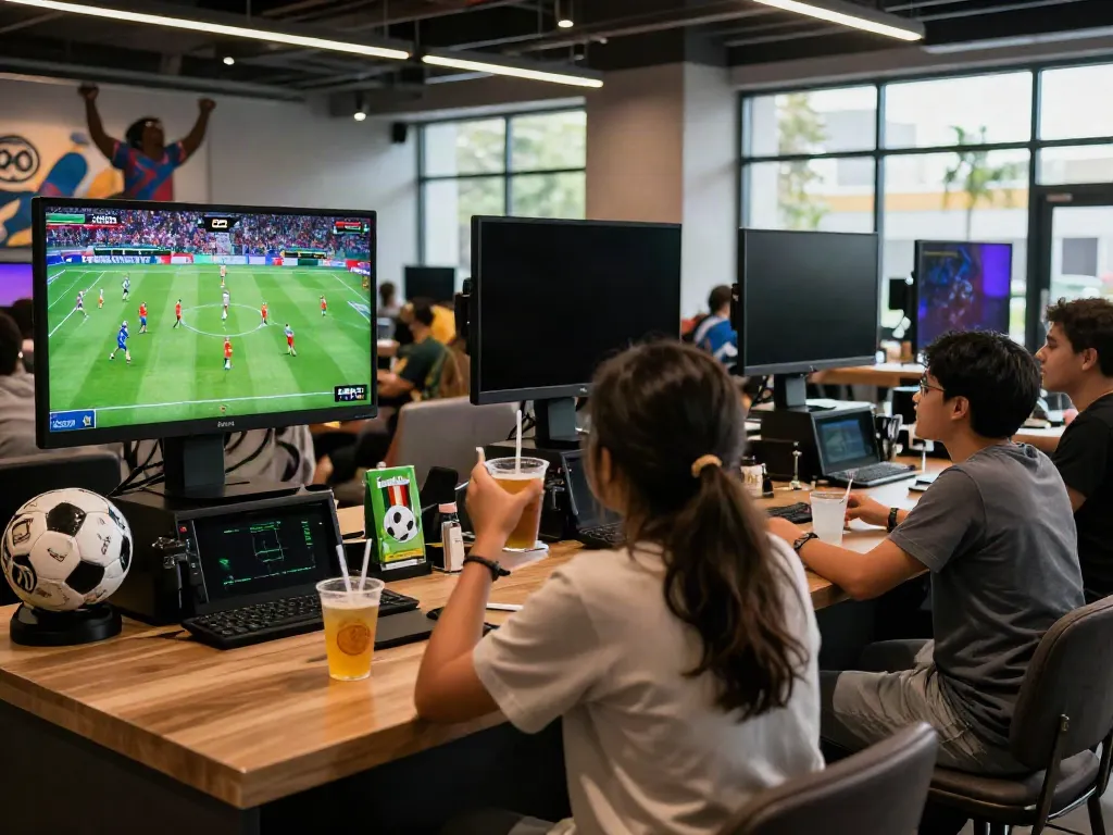 Fans enjoying live football matches on Xoilactv at a modern sports lounge.