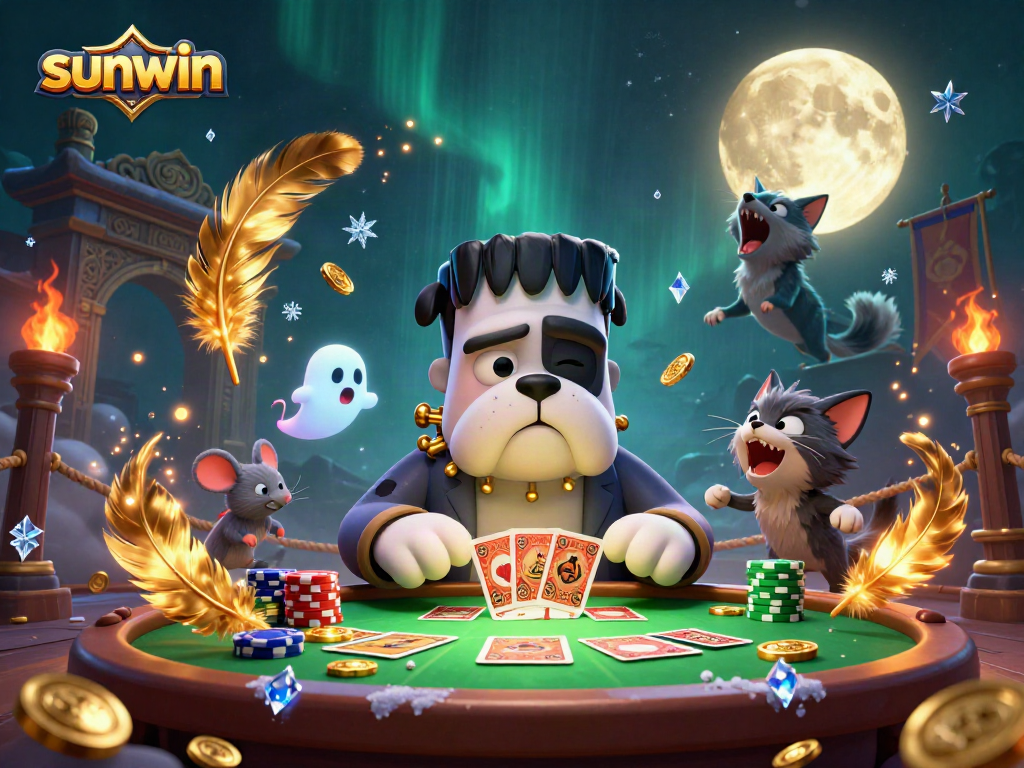 Experience the thrill of sunwin as the Frankenstein bulldog deals cards in a haunted casino setting.