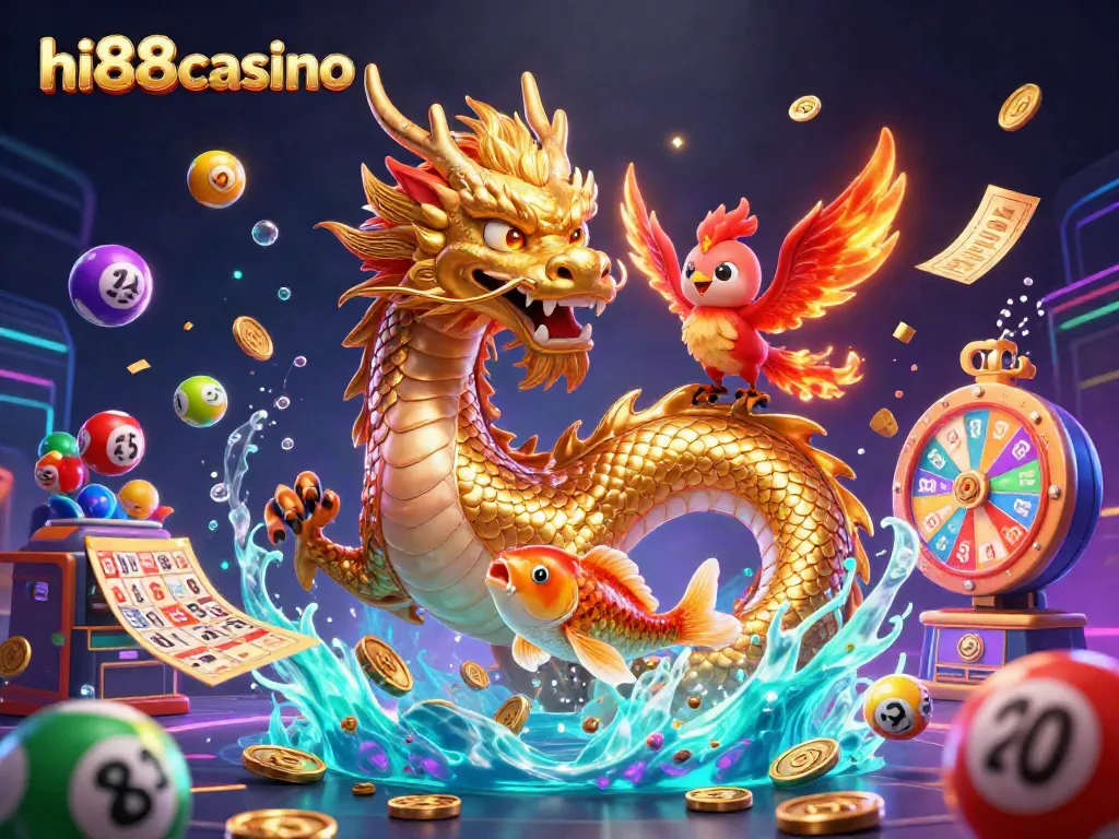 Experience exciting games at hi88casino featuring a majestic dragon and vibrant lottery elements.