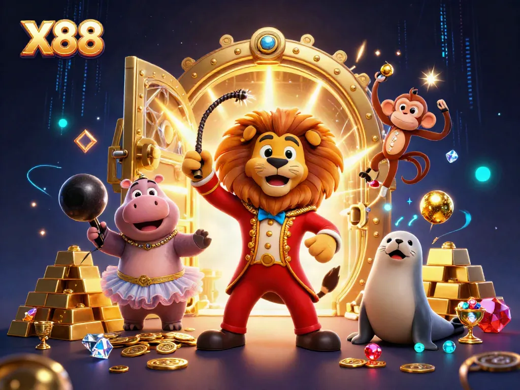Experience the thrill of X88 gaming with playful circus characters amidst treasures.