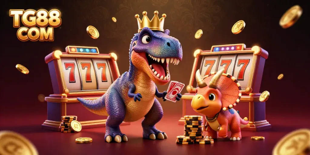 Engage with TG88 COM in a vibrant casino scene featuring a playful T-Rex shuffling cards.