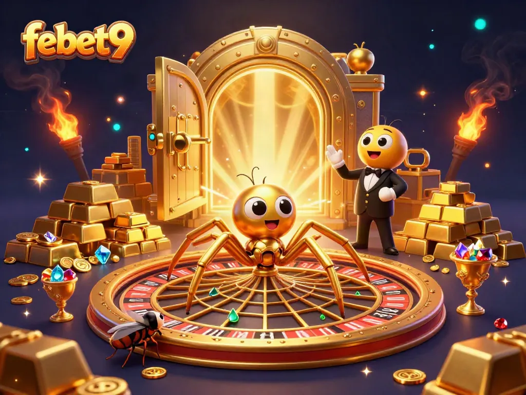 Place bets at febet9 while a golden spider spins a roulette wheel, surrounded by treasure