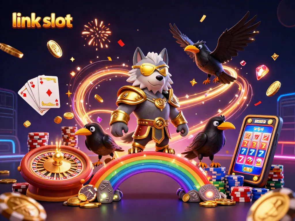 Play slots like link slot with Odin and ravens in a vibrant 3D casino setting.