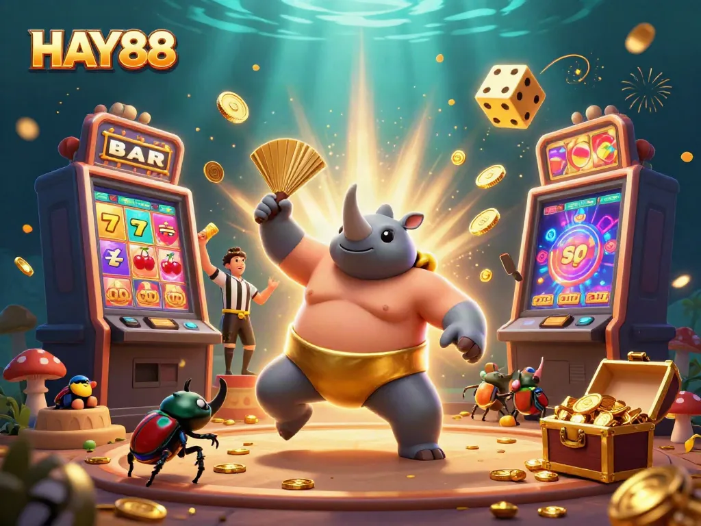 Experience the excitement of HAY88 with a vibrant 3D illustration featuring a beetle sumo champion amidst dynamic gaming elements.
