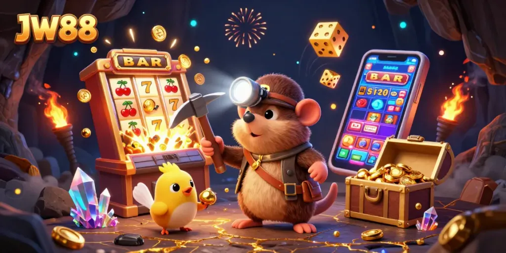 Experience thrilling slots and jackpots with JW88 in this energetic casino illustration.