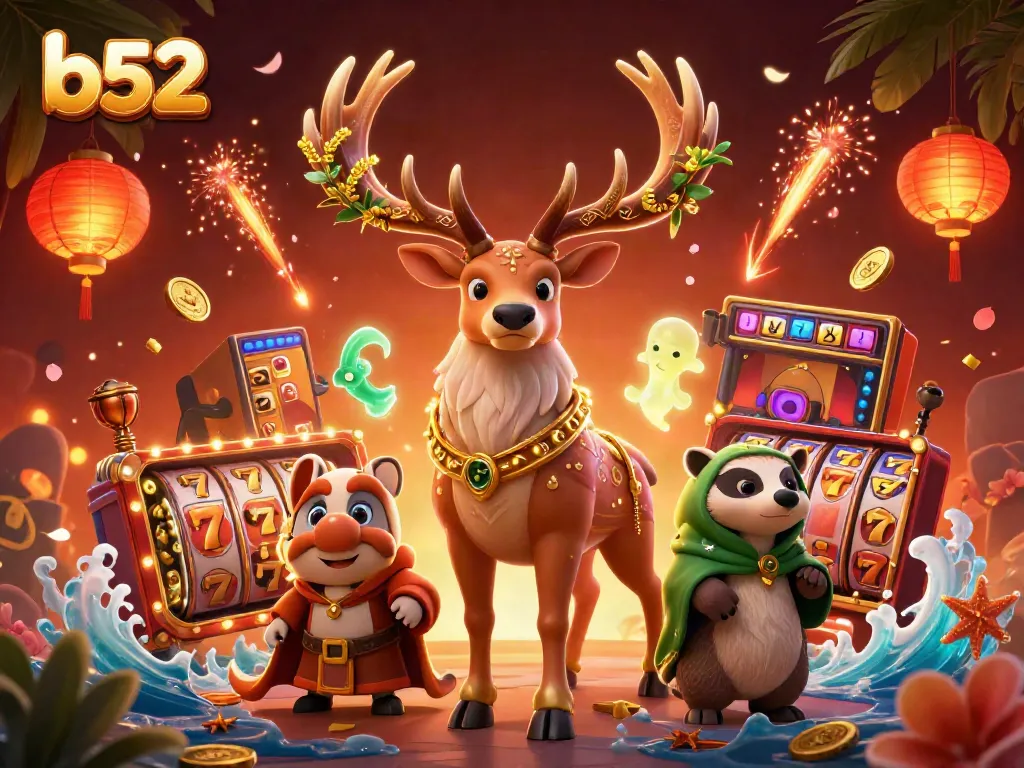 Experience the excitement of b52 gaming with dynamic slot reels and casino elements in vibrant illustration.